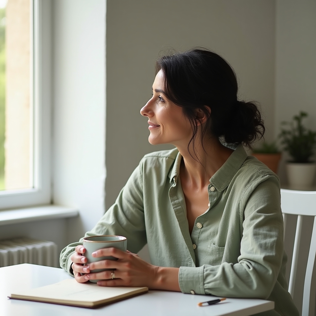 Person hält eine Tasse Kaffee und schaut nachdenklich aus dem Fenster