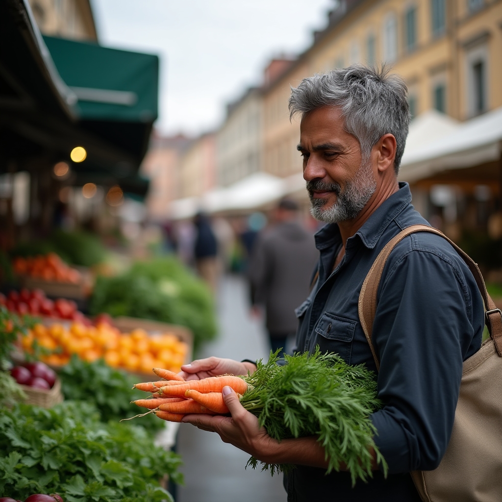 Wochenmarkt mit frischem Gemüse und Menschen, die bewusst einkaufen