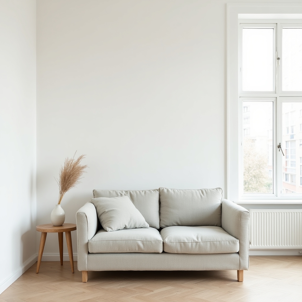 Heller minimalistischer Wohnraum mit wenigen, bewusst gewählten Gegenständen