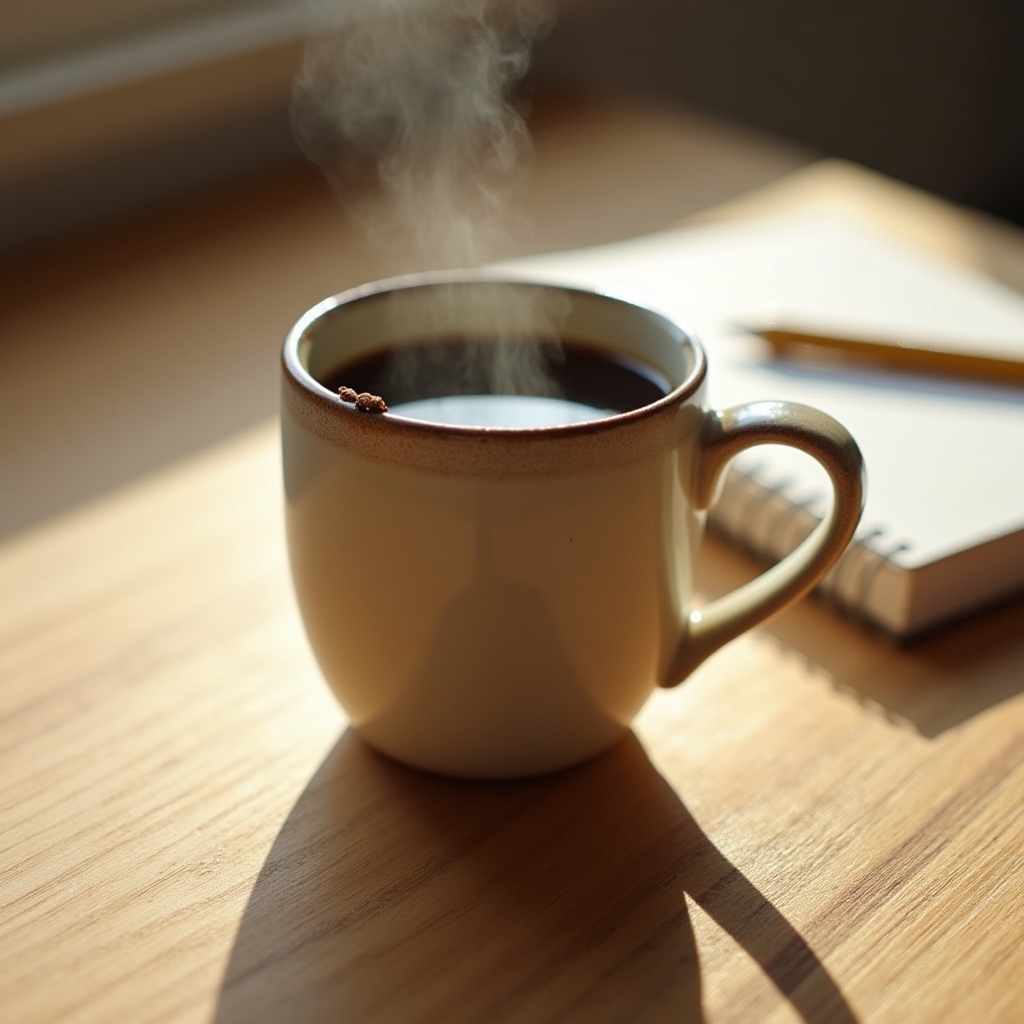 Nahaufnahme einer Kaffeetasse auf einem Holztisch mit Morgenlicht