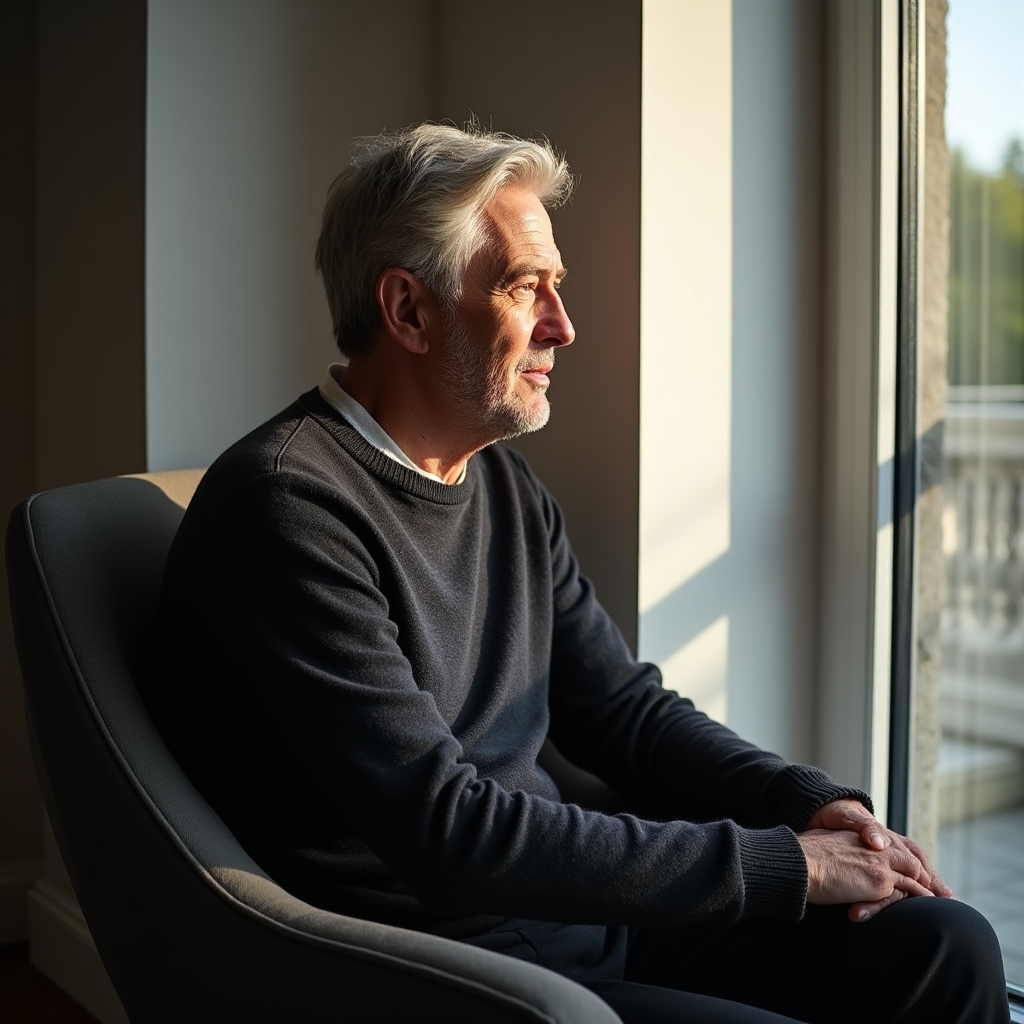 Mann sitzt nachdenklich an einem Fenster mit Blick auf die Stadt